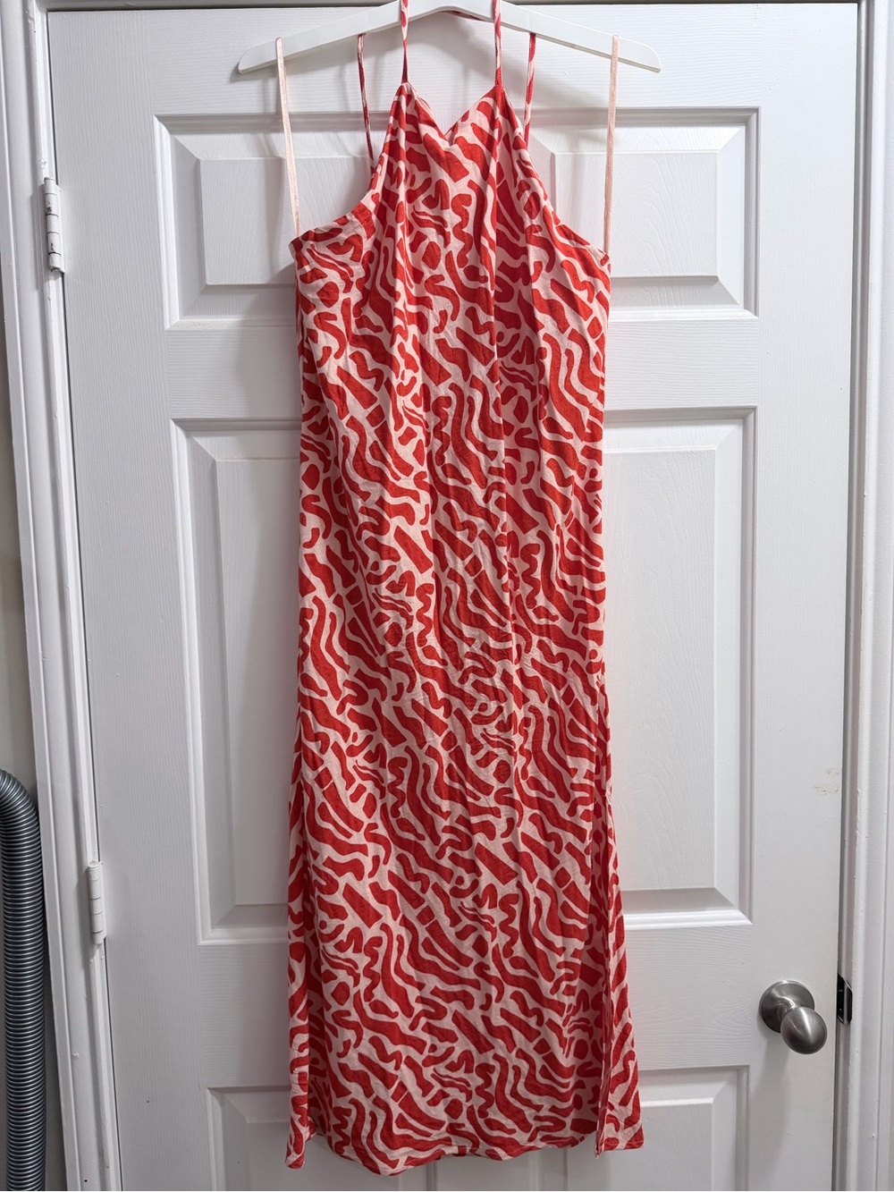 Red Abstract Print Maxi Slip Dress with Spaghetti Straps